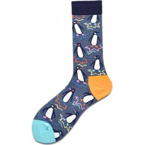 Sokken heren - blauw - grijs - print pinguin - 40-46