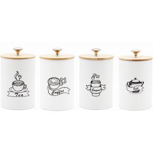 Set van 4 Voorraadpotten - Koffie, Thee, Suiker, Zout - Roestvrij Staal - Mat Zwart