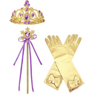 Het Betere Merk - Prinsessen Speelgoed - Prinses Kroon (Tiara) - Toverstaf - Prinsessen Handschoenen - Voor bij je Verkleedkleding - Paars - Goud