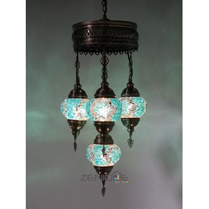 Turkse Lamp - Hanglamp - Mozaïek Lamp - Marokkaanse Lamp - Oosters Lamp - ZENIQUE - Authentiek - Handgemaakt - Kroonluchter - Turquoise - 4 bollen
