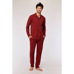 Woody - Heren Pyjama doorknoop - Donkerrode geometrische print - XXL
