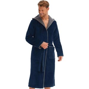 Heren Badjas Velours I 100% Katoen I Met Capuchon I Lang I Donkerblauw