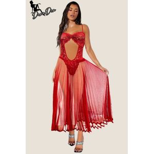 Sexy Rode Babydoll – Lange Lingerie Nachtjurk met Kant & Mesh