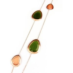 Zilveren halsketting halssnoer collier roos goud verguld Model Playfull Colors gezet met groene en oranje stenen