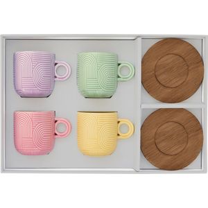 Koffiekopjes - set van 4- porselein - 11cl - 4 schotels acaciahout - geschenkdoos