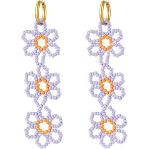 Oorbellen - Oorhangers - drie bloemen - rvs - glaskralen - 3 daisies - flower - statement - Paars/Oranje