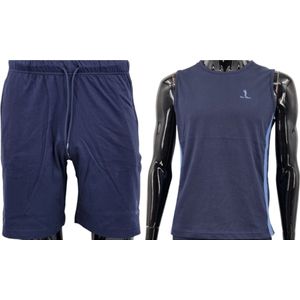 Hitman – Korte Broek Heren - 2 Delige Set - Korte Broek met Ritszakken - Sportkleding Heren - Huispak Heren - 100% Katoen - 1 x Korte Broek en 1 x Heren Hemd - Donker Blauw – Maat XL
