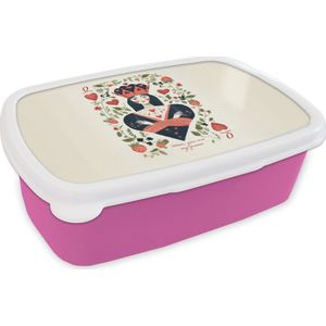 Broodtrommel Roze - Lunchbox Speelkaart - Hartenkoningin - Bloemen - Hartjes - Brooddoos 18x12x6 cm - Brood lunch box - Broodtrommels voor kinderen en volwassenen