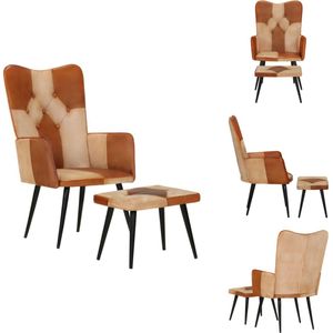 vidaXL Fauteuil Met Voetenbank - Fauteuils Met Voetenbanken - Zetel Met Voetenbankje - Zetel - Fauteuil met voetensteun echt leer en canvas bruin