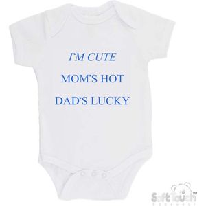 100% katoenen Romper ""I'm cute Mom's hot Dad's lucky"" Jongens Katoen Wit/blauw Maat 56/62