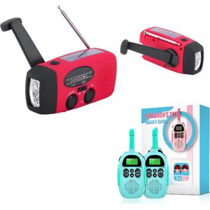 Noodpakket - 6 in 1 Noodradio + Walkie Talkie Twintalker Blauw - Nood Radio Opwindbaar + Zonneenergie - Op ingebouwde Batterijen ( Accu ) - Noodpakket Solar - Voor Noodrantsoen - Rampen - Draagbare - FM AM Rood