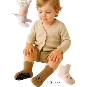 Baby Antislip Sokken – Maat M (0–1 jaar) – 3 Paar – Beer Design – Roze, Blauw & Bruin – Katoen – Zachte Babysokken met Grips – All Season