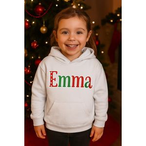 Gepersonaliseerde Kerst Hoodie voor Kind – Naam opdruk – wit / Maat 3-4 jaar – Perfect Geschenk voor de Feestdagen