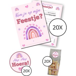 Uitnodiging kinderfeestje Compleet - Voordeelset 60 stuks : 20 uitnodigingskaarten + 20 uitdeelzakjes + 20 stickers - verjaardag feest - Roze Regenboog