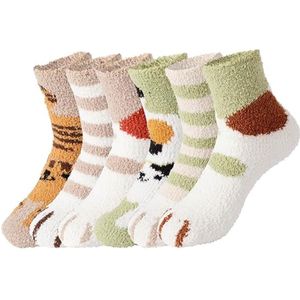 6 Paar Kattenpoten Sokken - Warme Winter Sokken Dames - Dames Pluche Sokken - Sokken Dames - Huissokken - Slaapsokken - Fluffy Sokken - Kat Klauw - Pluche sokken met kattenpoten - Schattige Dierensokken - Dikke warme - Koraalfleece - One size