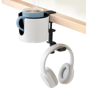 Stijlvolle bekerhouder tafel met moderne headset-houder onder het bureau - hoofdtelefoonhouder, draaibare standaard en afneembare bekerhouder voor bureauaccessoires
