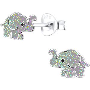 Joy|S - Zilveren olifant oorbellen - grijs met glittertjes - 9 x 6 mm