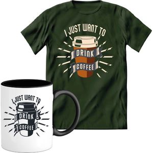 T-Shirtknaller T-Shirt met Koffiemok | I Just Want To Drink Coffee - Koffie Kleding | Heren / Dames Shirt met Mok Cadeau | Kleur groen | Maat 3XL