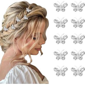 10 stuks mini-haarspelden met strass-vlinders - zilveren haarspelden voor bruidshaaraccessoires - wit - L