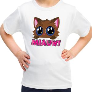 Bellatio Decorations Verkleed T-shirt voor jongens/meisjes - Miauw - wit - feestkleding voor kinderen 146/152
