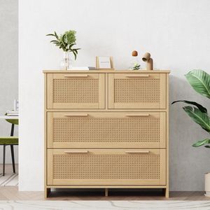 Gutent Ladekast, Houtkleur, Rotan Kast met 4 lades, Massief houten handgrepen, voor slaapkamer, woonkamer, eetkamer en hal, afmetingen: B80/H80/D38 cm