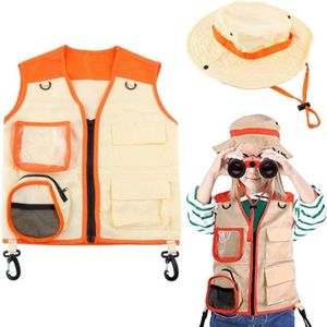 Allecto plus - Kinder Explorer set: 2-delige verkenner kostuum met vest en hoed voor buitenrollenspel, insectenonderzoek, dierenverzorging in het park