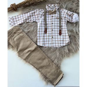 luxe vierdelige katoenen set-4 delig kinderpak- wit beige geruit overhemd, verstelbare bretels en vlinderdas- kostuumbroek (beige), feestoutfit-bruiloft-fotoshoot-verjaardag- 5 jaar