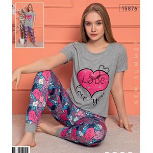 Pyjama- Huispak 2-delig- Pyjama dames volwassenen- Vrijetijdskleding- Fashion Home&Sleep Wear 15876- Grijs/Donkerblauw bloemenprint- Maat L