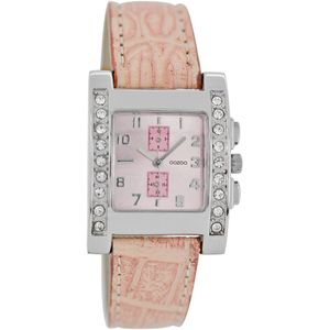 OOZOO Timepieces - Zilverkleurige horloge met zacht roze leren band - C5436