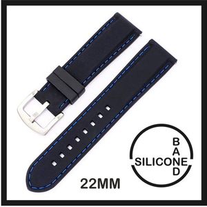 22mm Rubber Siliconen horlogeband zwart met blauwe stiksels passend op o.a Casio Seiko Citizen en alle andere merken - 22 mm Bandje - Horlogebandje horlogeband