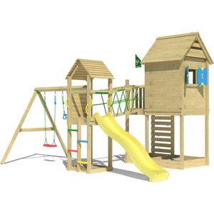 Jungle Gym Speeltoestel van Grenen Hout - Jungle Retreat met Gele Glijbaan - Tuin Speeltoestel voor buiten met Zandbak, Dubbele Schommel en Speelhuisje