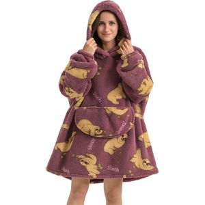 Oversized Hoodie Deken met Grote Zak – Extra Warme en Comfortabele Robe met Luiaard Print – One Size – Paars