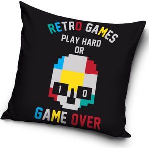 Retro Games Play Hard or Game Over - Sierkussen Kussen 40 x 40 cm (inclusief vulling, met ritssluiting)
