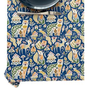 BINK Bedding Tafelkleed - Tafelzeil Forrest Blauw - Acryl gecoat Katoen 145 x 100 cm - afneembaar - wasbaar - feest - feestdecoratie - kinderfeestje - verjaardag - buiten eten - bosdieren - beer - hert - uil - konijn - vos - multicolor