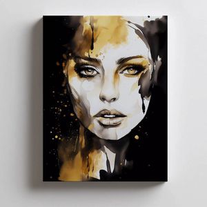 Portret Van Een Vrouw Op Premium Canvas Zwart En Goud Zonder Lijst 30X40 Cm