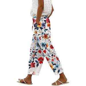 Dames Broek Linnen Stijl - Loose Fit - Bloemen - Wit - Zomer