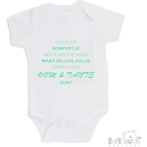 100% katoenen Romper ""Voor dit rompertje ben ik nog te klein maar willen jullie straks mijn Oom & Tante zijn? "" Unisex Katoen Wit/mint Maat 62/68