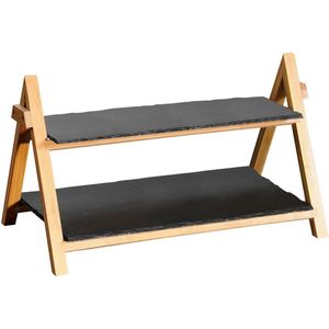 Etagere 2 Laags - Leisteen & Bamboe hout - Hoge kwaliteit -Rechthoekig Etagere - Houten hapjesschaal 2 lagen - tafel serveerschaal