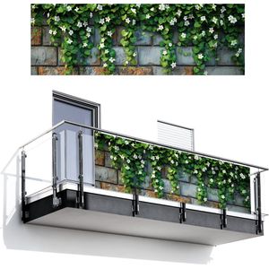 Balkonscherm 300x100 cm - Balkonposter Klimop - Groen - Stenen - Wit - Grijs - Balkon scherm decoratie - Balkonschermen - Balkondoek zonnescherm