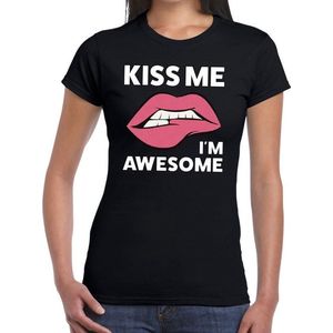 Kiss me i am awesome t-shirt zwart dames - feest shirts dames XXL