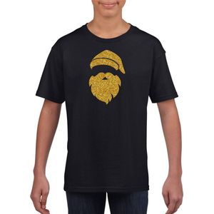 Kerstman hoofd Kerst t-shirt - zwart met gouden glitter bedrukking - kinderen - Kerstkleding / Kerst outfit 110/116