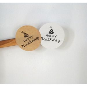 Sluitsticker - Sluitzegel – Sticker - Happy Birthday met feesthoed | Verjaardagskaart - Envelop | Naturel & Wit & Zwart | Vintage | Envelop sticker | Cadeau - Gift - Cadeauzakje – Traktatie versieren | Chique & Leuk inpakken | Feestmuts - Feestje