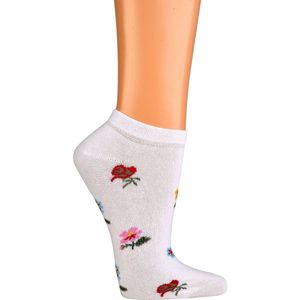 Sneakersokken | damessokken | zwart en wit met bloemenmotief | maat 35-38 | per 6 paar