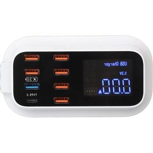 8-poorts USB-laadstation met LED-display en QC3.0 Snel Opladen - Type C-poort - Brede Compatibiliteit voor Telefoontablets - 100-240V (EU-stekker) .