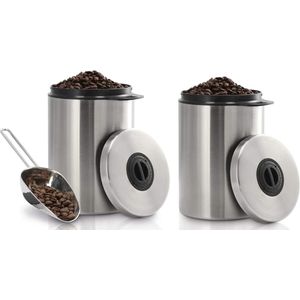 Koffieblik voor 1 kg koffiebonen (luchtdichte koffiebonenhouder met koffieschep) zilver & koffieblik luchtdicht voor 1 kg koffiebonen (houder voor koffie, thee, cacao, pasta) zilver