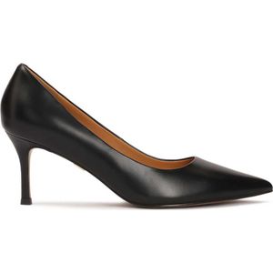 Black smooth leather pumps with a low heel
