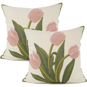 2-pack - Decoratieve geborduurde sierkussenhoezen 18x18 inch boerderij bloemenkussenhoezen voor bank woonkamer slaapbank (roze)