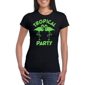 Bellatio Decorations Tropical party T-shirt dames - met glitters - zwart/groen - carnaval/themafeest M