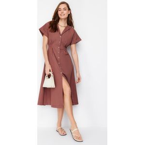Trendyol Bruine Midi-Geweven Overhemdjurk Met Tailleopening Twoss24El00052