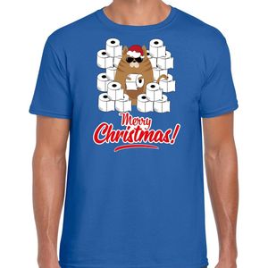 Fout Kerstshirt / Kerst t-shirt met hamsterende kat Merry Christmas blauw voor heren- Kerstkleding / Christmas outfit XXL